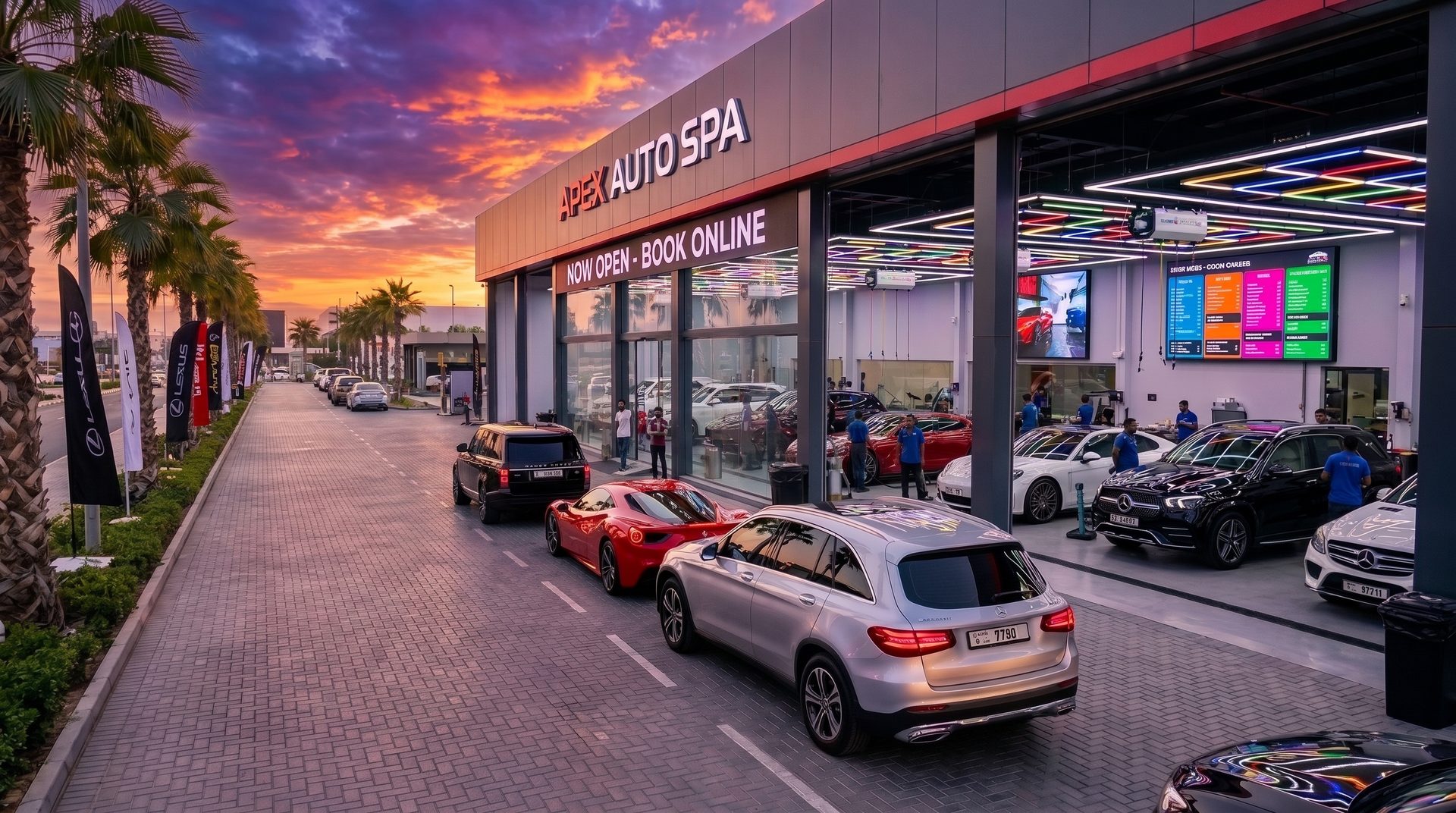 Busy auto detailing shop with cars lined up for service